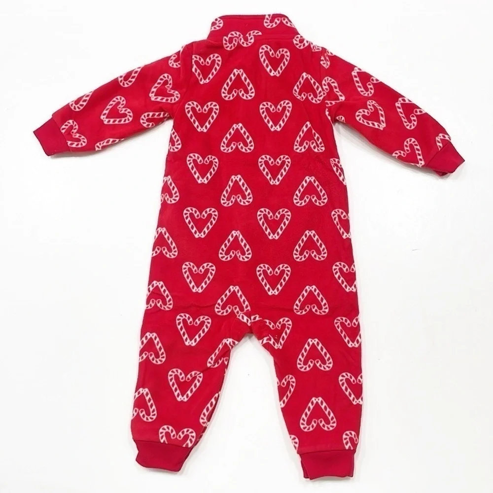 Carter's baby girls Christmas candy cane print fleece zip up jumpsuit